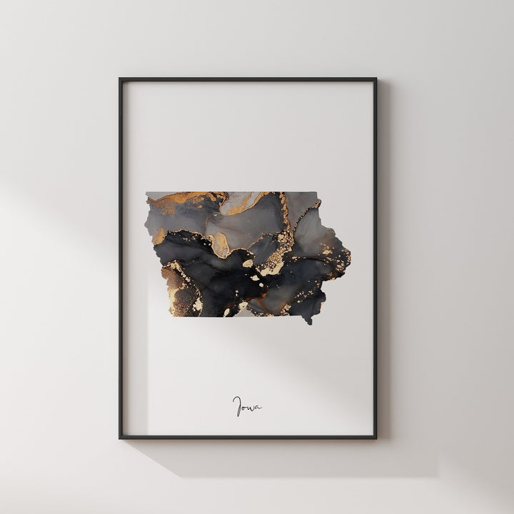 Iowa Map Black & Gold Wall Art Print US State