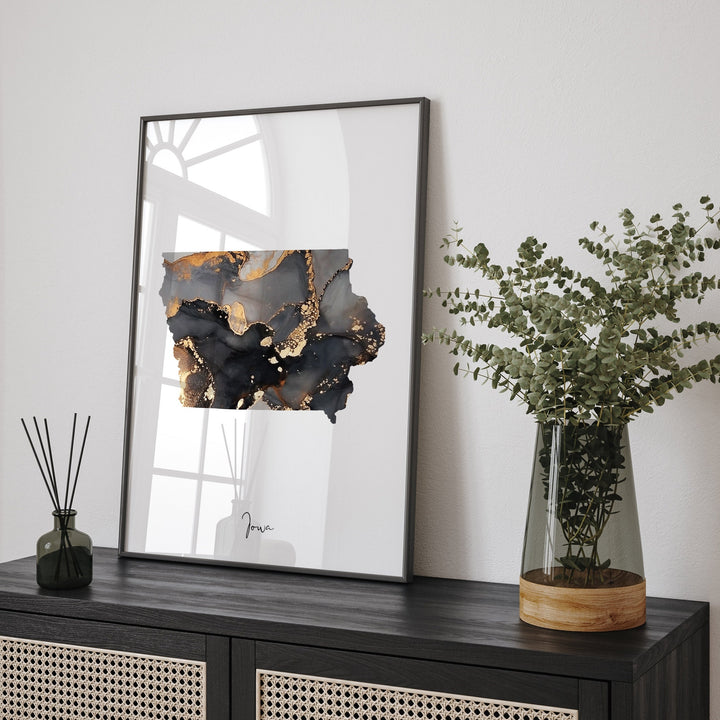Iowa Map Black & Gold Wall Art Print US State