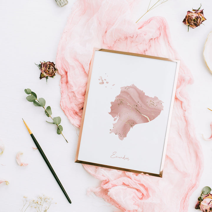 Ecuador Map Pink and Gold Wall Art Print