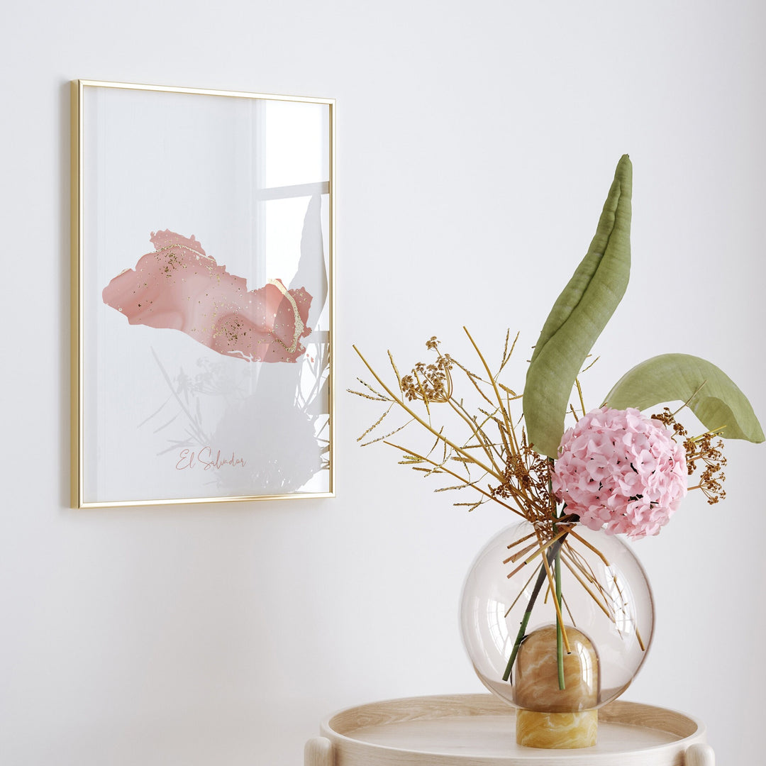 El Salvador Map Pink and Gold Wall Art Print