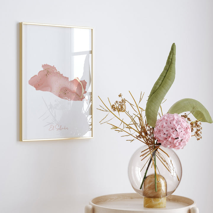 El Salvador Map Pink and Gold Wall Art Print