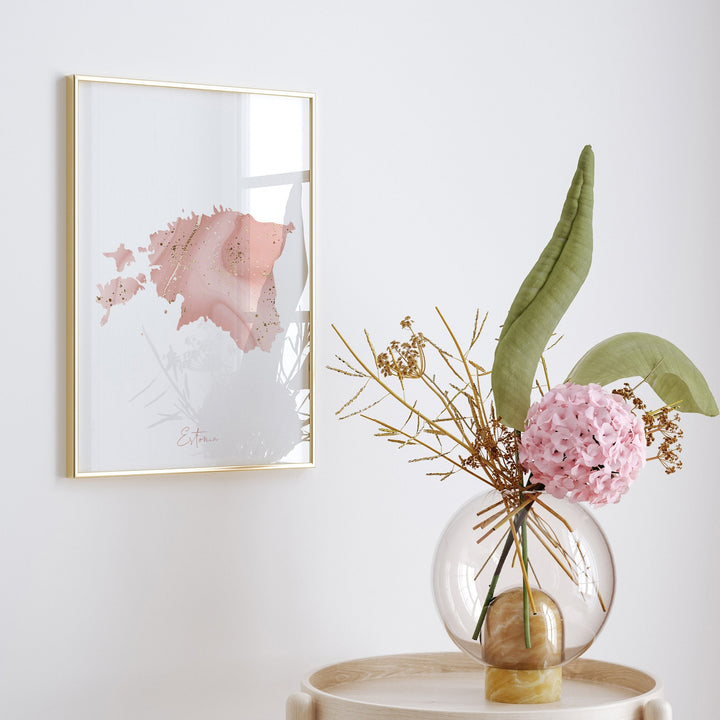 Estonia Map Pink and Gold Wall Art Print