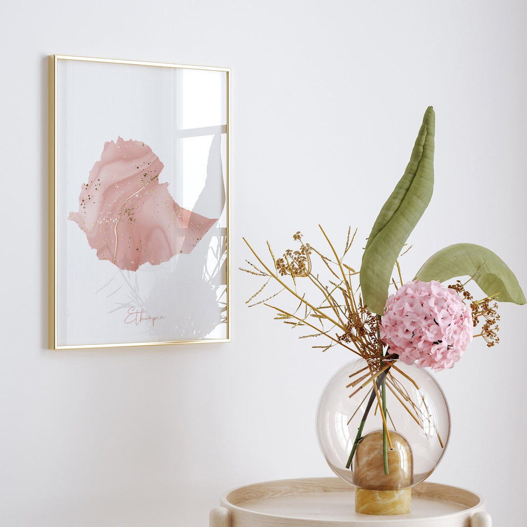 Ethiopia Map Pink and Gold Wall Art Print