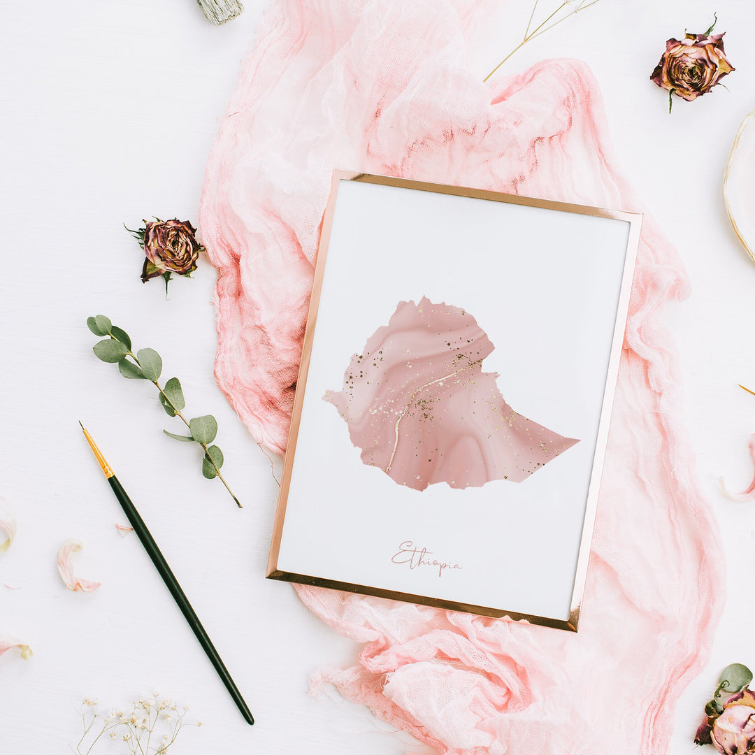 Ethiopia Map Pink and Gold Wall Art Print