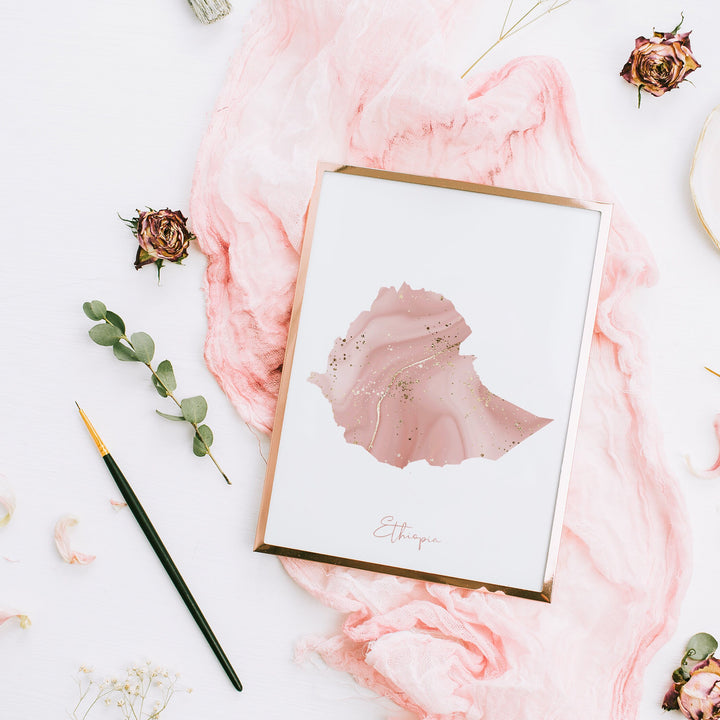 Ethiopia Map Pink and Gold Wall Art Print