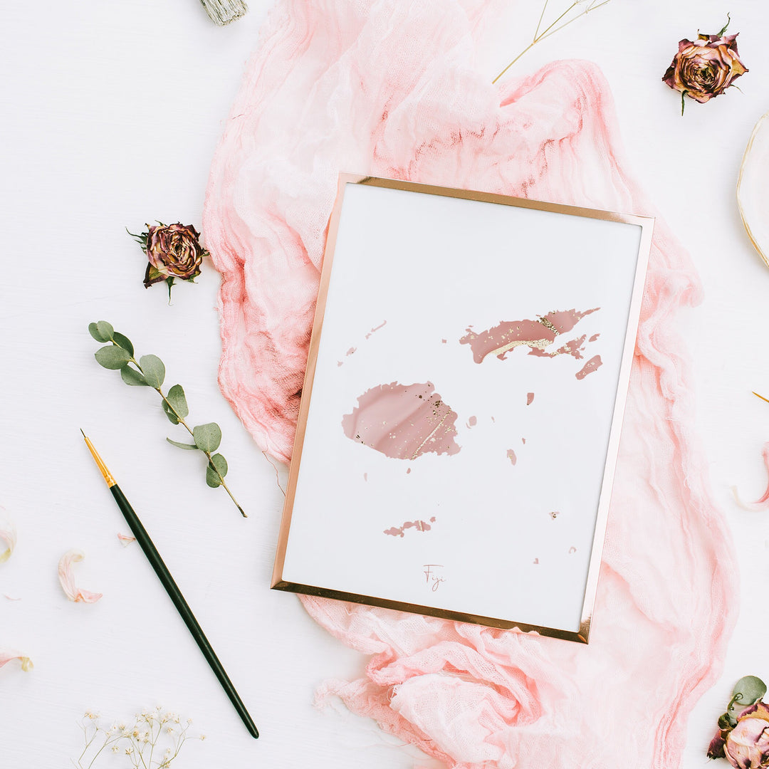 Fiji Map Pink and Gold Wall Art Print