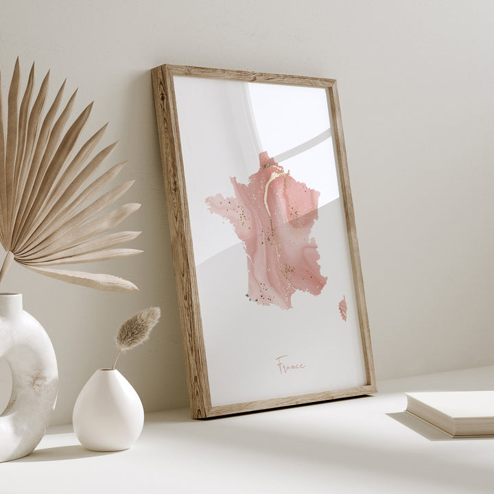 France Map Pink and Gold Wall Art Print