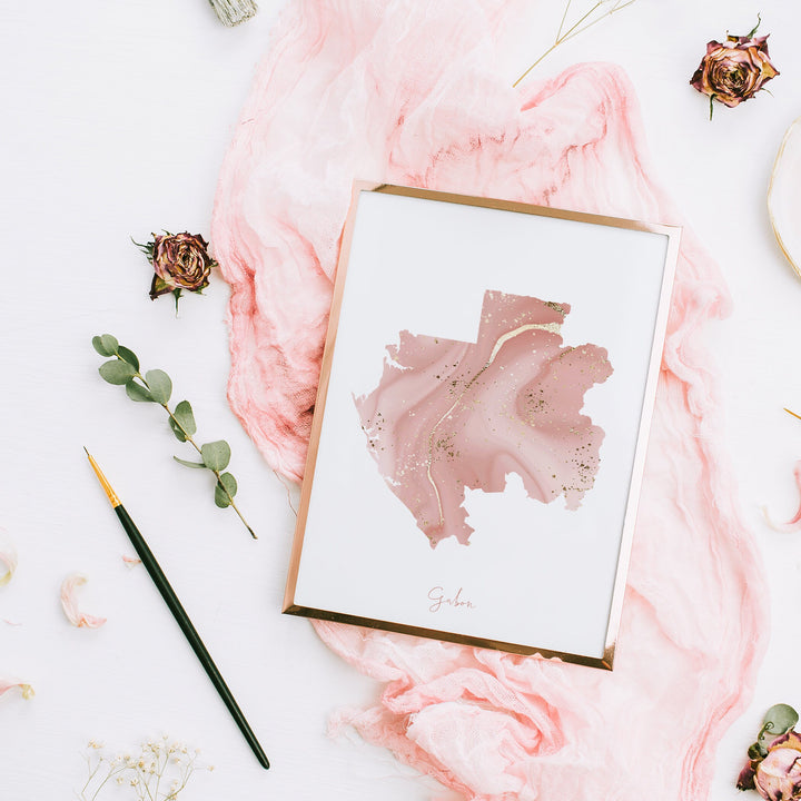 Gabon Map Pink and Gold Wall Art Print