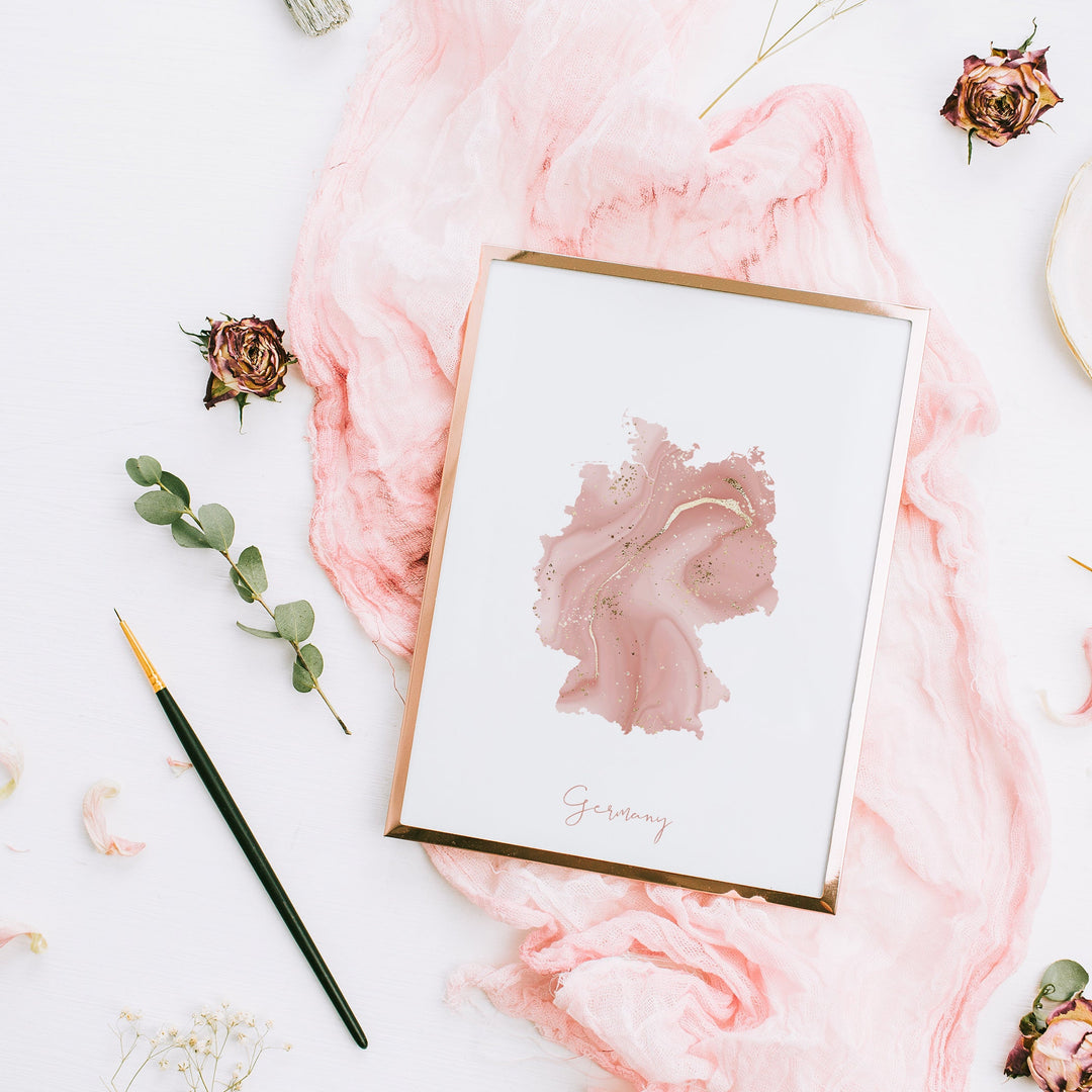 Germany Map Pink and Gold Wall Art Print