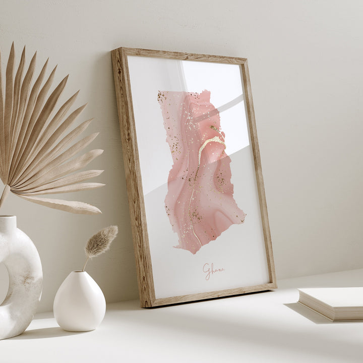 Ghana Map Pink and Gold Wall Art Print