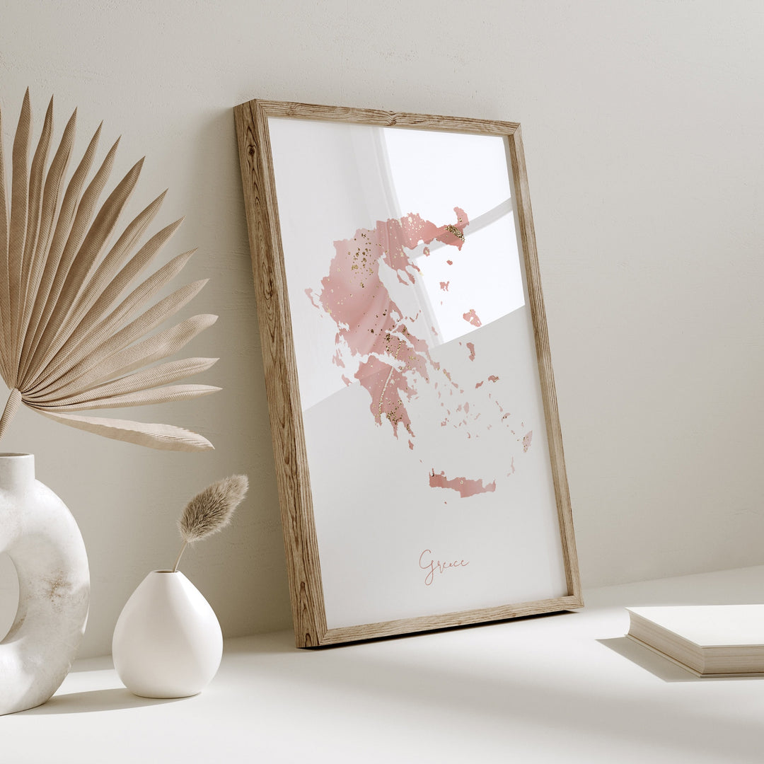 Greece Map Pink and Gold Wall Art Print