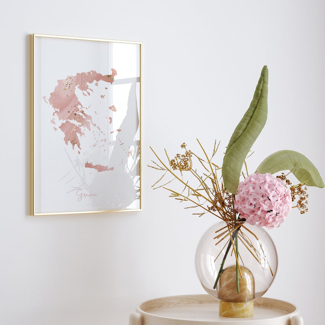 Greece Map Pink and Gold Wall Art Print