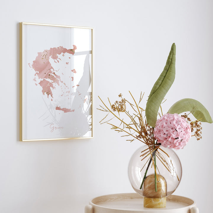 Greece Map Pink and Gold Wall Art Print