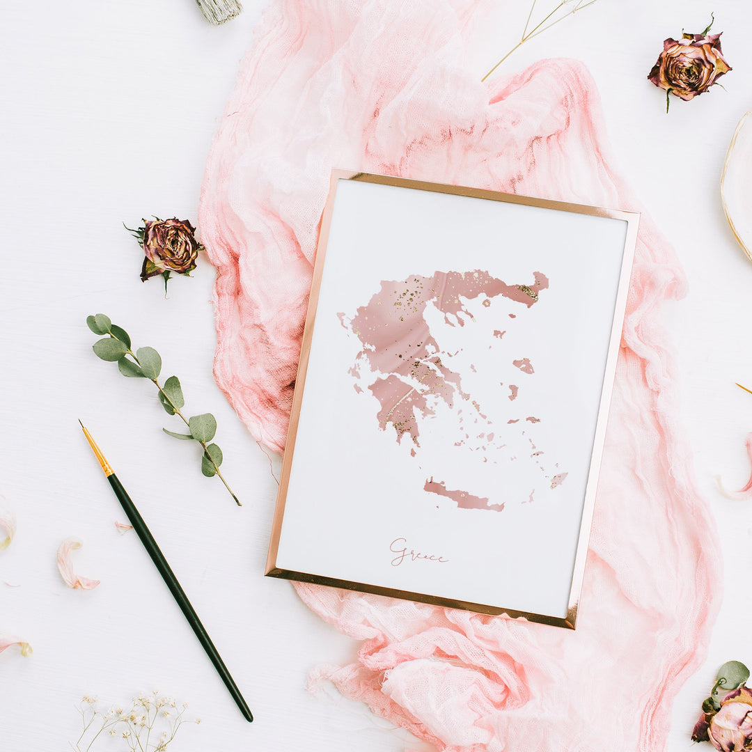 Greece Map Pink and Gold Wall Art Print