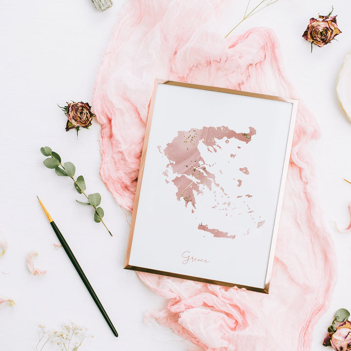 Greece Map Pink and Gold Wall Art Print