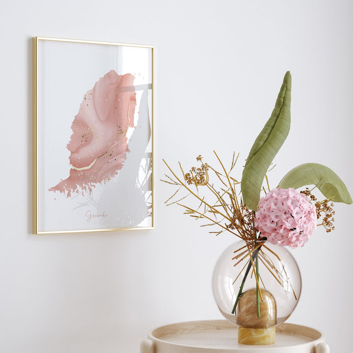 Grenada Map Pink and Gold Wall Art Print