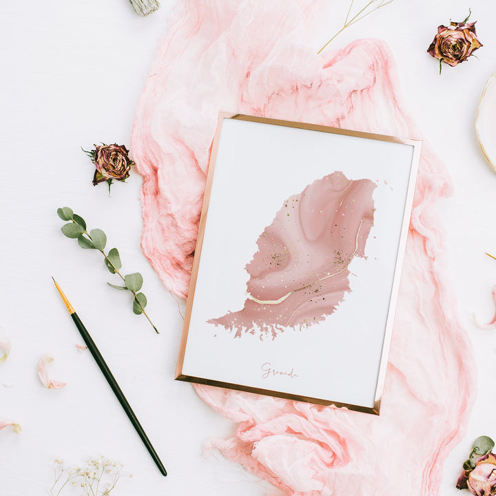 Grenada Map Pink and Gold Wall Art Print