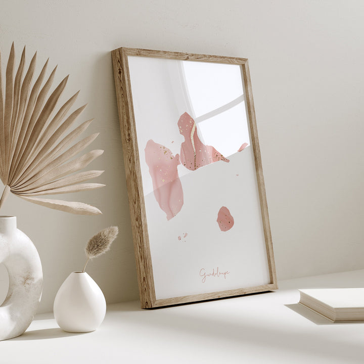 Guadeloupe Map Pink and Gold Wall Art Print