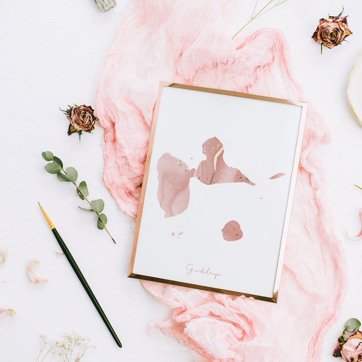 Guadeloupe Map Pink and Gold Wall Art Print