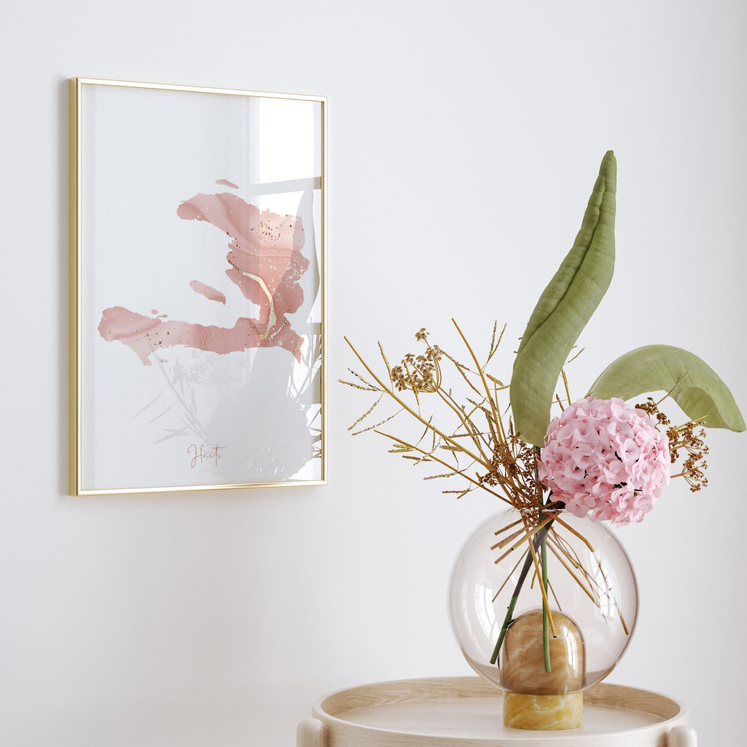 Haiti Map Pink and Gold Wall Art Print