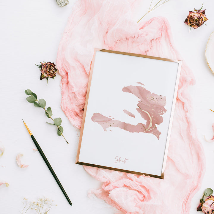 Haiti Map Pink and Gold Wall Art Print