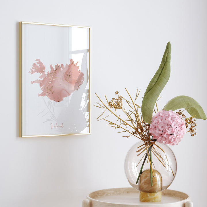 Iceland Map Pink and Gold Wall Art Print