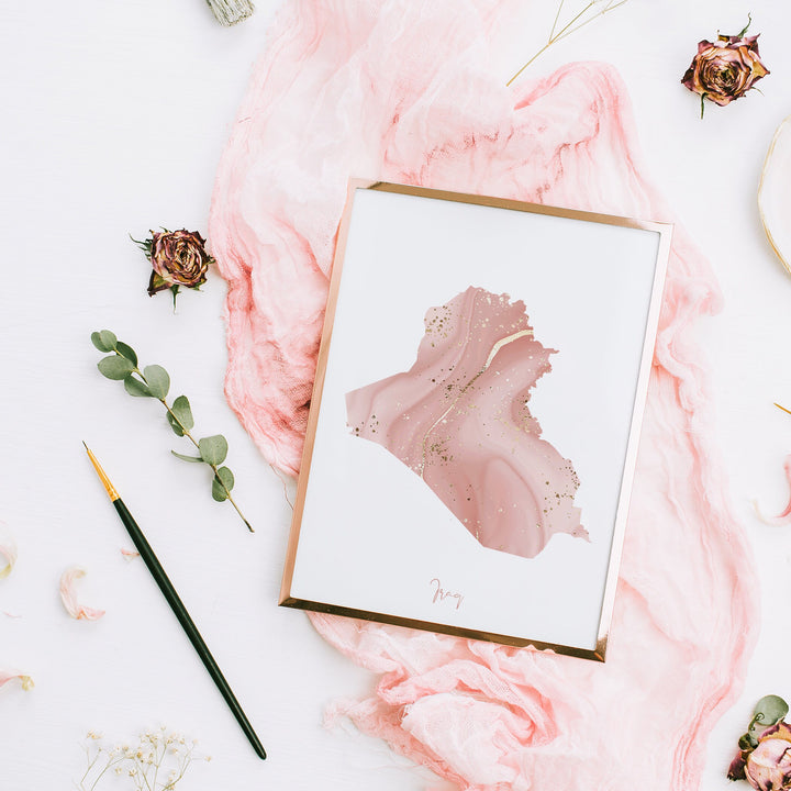 Iraq Map Pink and Gold Wall Art Print