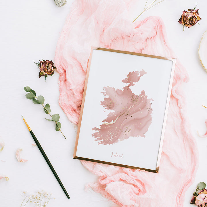 Republic of Ireland Map Pink and Gold Wall Art Print