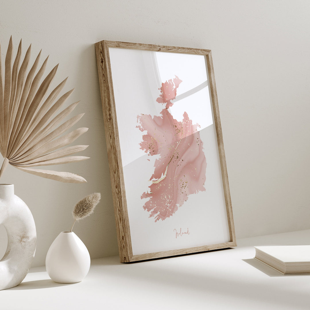 Republic of Ireland Map Pink and Gold Wall Art Print