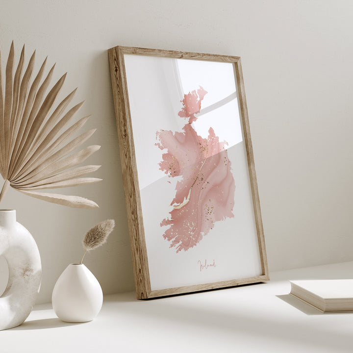 Republic of Ireland Map Pink and Gold Wall Art Print