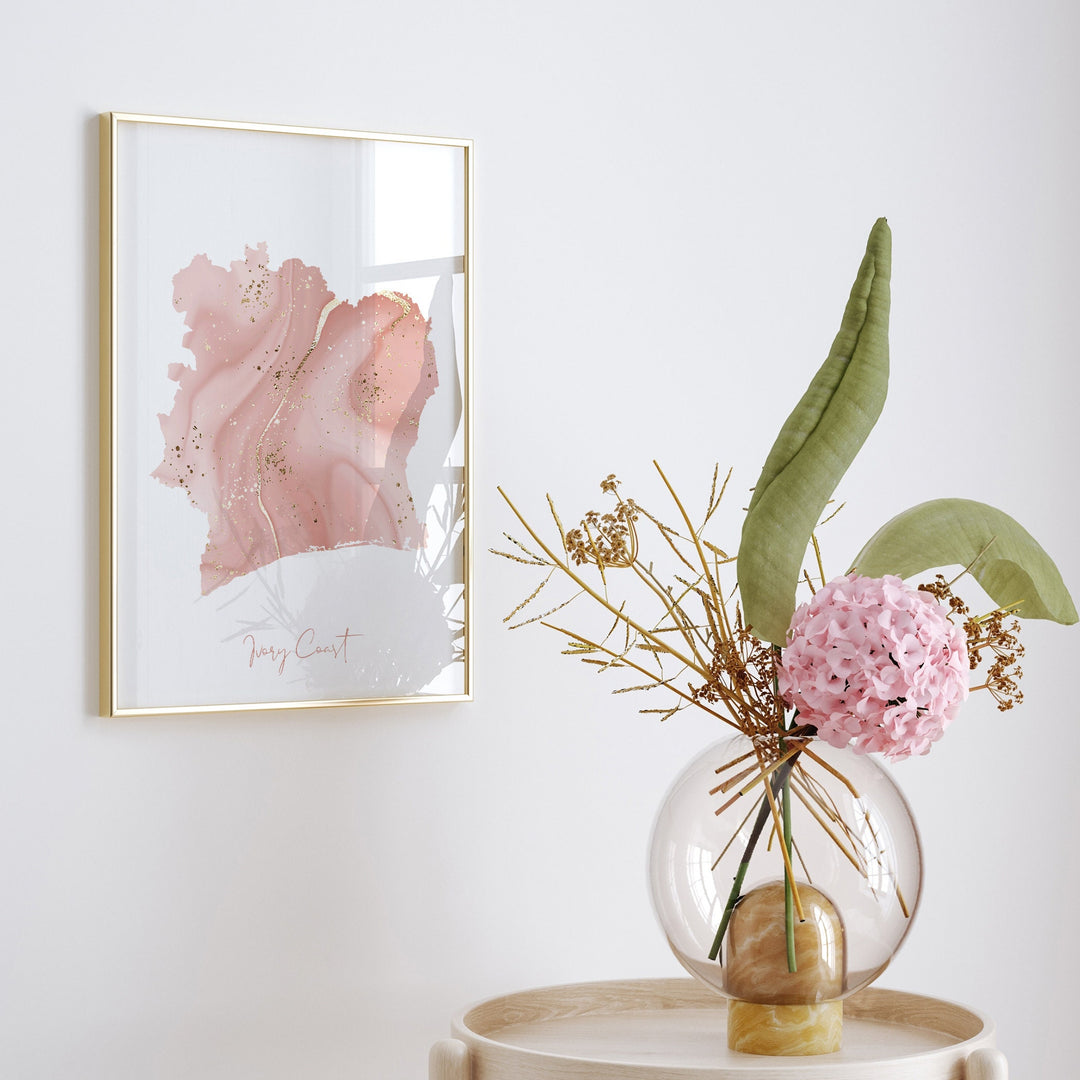 Ivory Coast Map Pink and Gold Wall Art Print