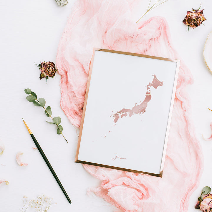 Japan Map Pink and Gold Wall Art Print