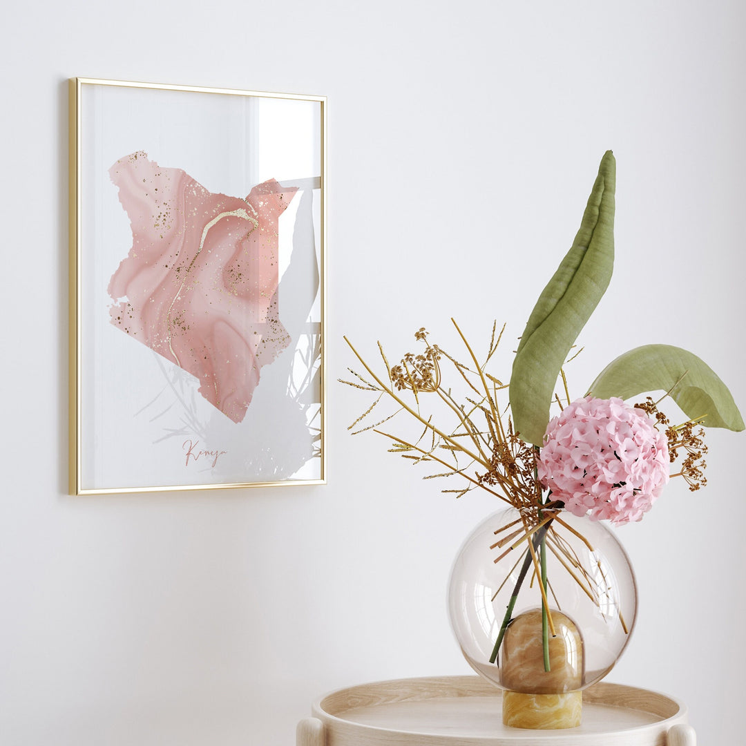 Kenya Map Pink and Gold Wall Art Print