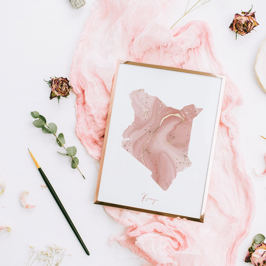 Kenya Map Pink and Gold Wall Art Print