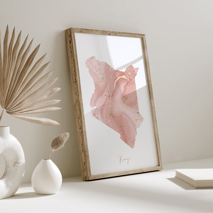 Kenya Map Pink and Gold Wall Art Print