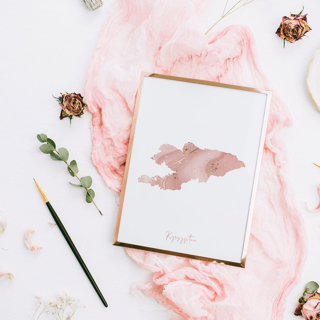 Kyrgyzstan Map Pink and Gold Wall Art Print