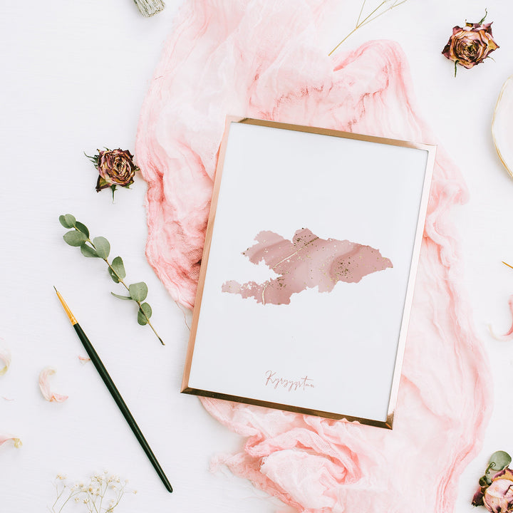 Kyrgyzstan Map Pink and Gold Wall Art Print