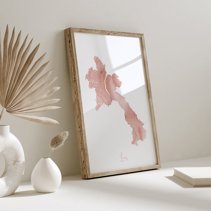 Laos Map Pink and Gold Wall Art Print