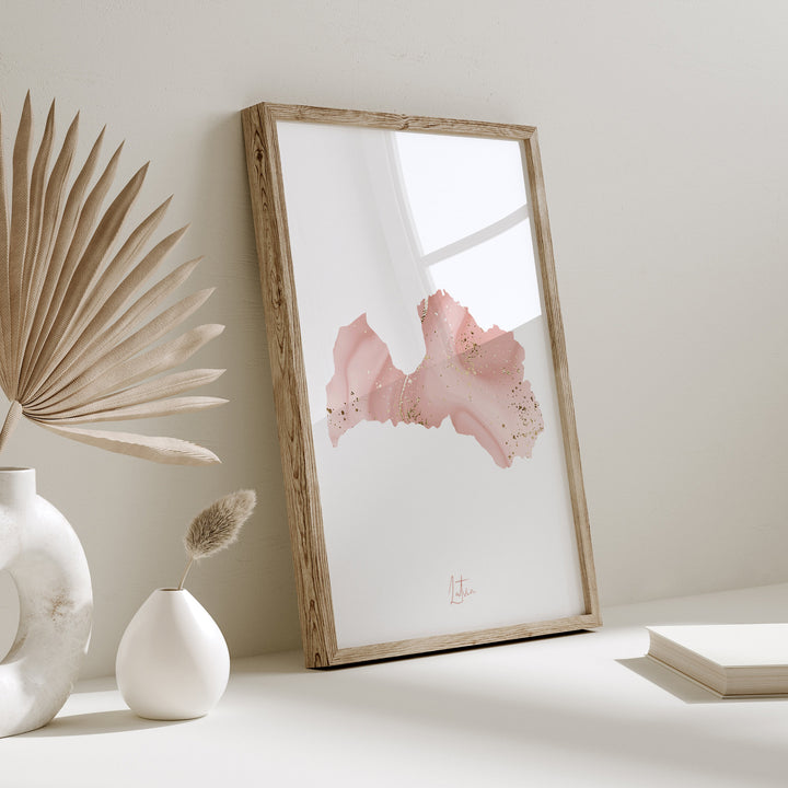 Latvia Map Pink and Gold Wall Art Print