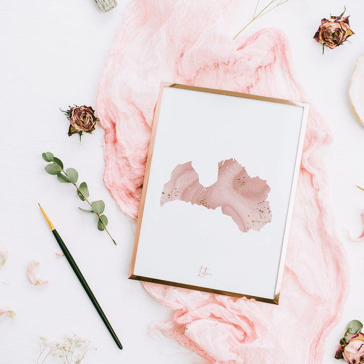 Latvia Map Pink and Gold Wall Art Print
