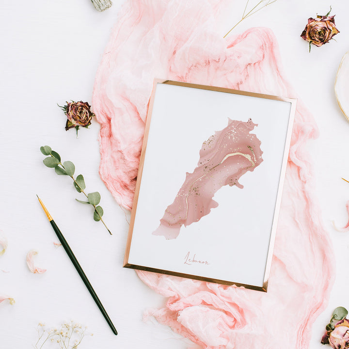 Lebanon Map Pink and Gold Wall Art Print