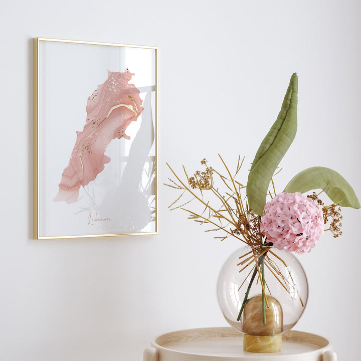 Lebanon Map Pink and Gold Wall Art Print