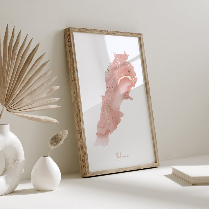 Lebanon Map Pink and Gold Wall Art Print