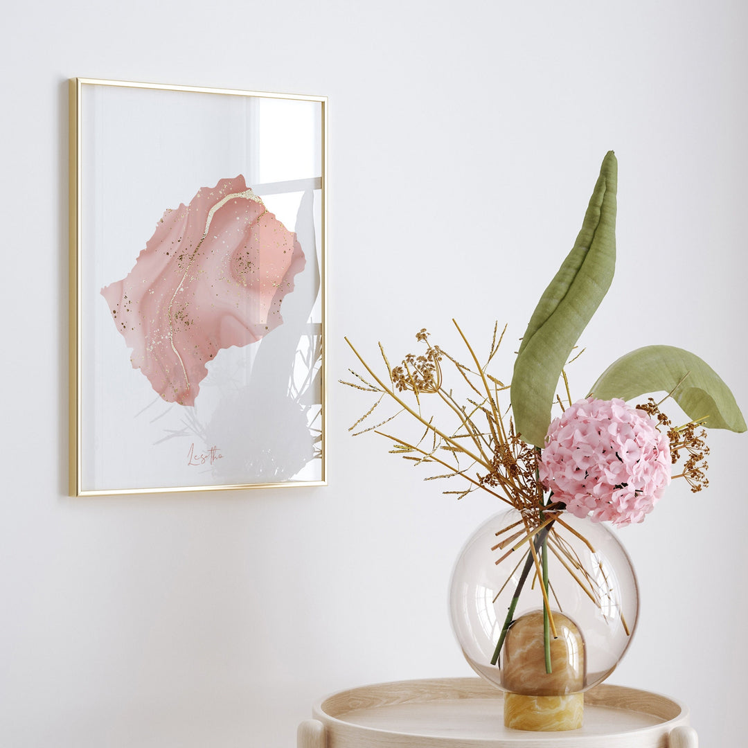 Lesotho Map Pink and Gold Wall Art Print