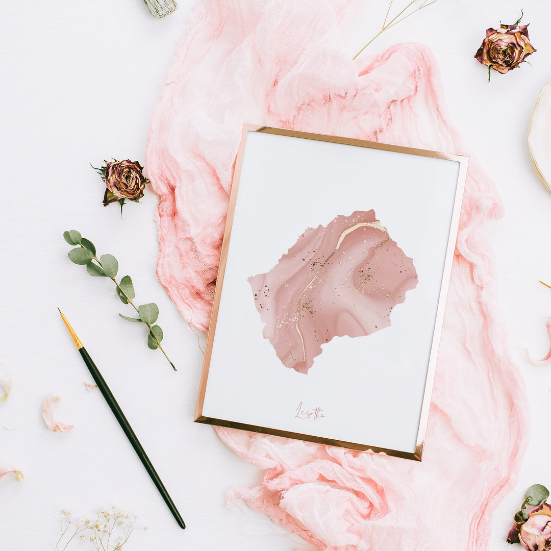Lesotho Map Pink and Gold Wall Art Print