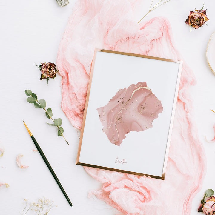 Lesotho Map Pink and Gold Wall Art Print