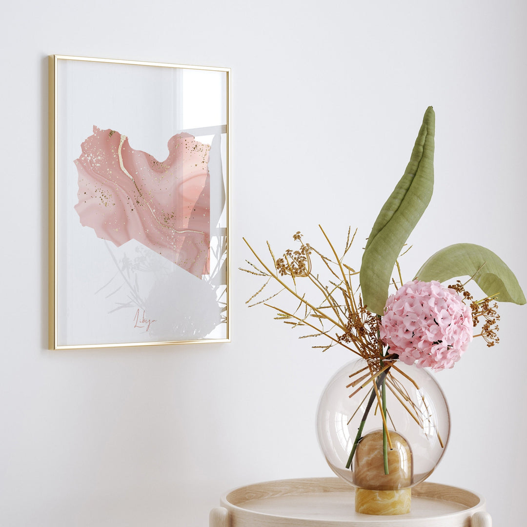 Libya Map Pink and Gold Wall Art Print