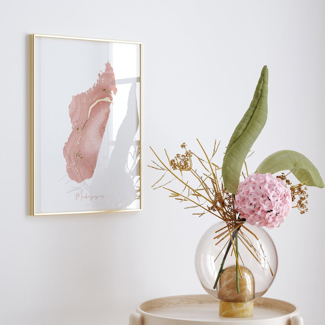 Madagascar Map Pink and Gold Wall Art Print