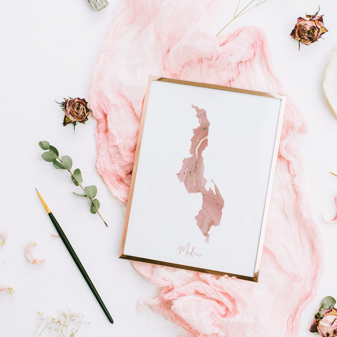 Malawi Map Pink and Gold Wall Art Print