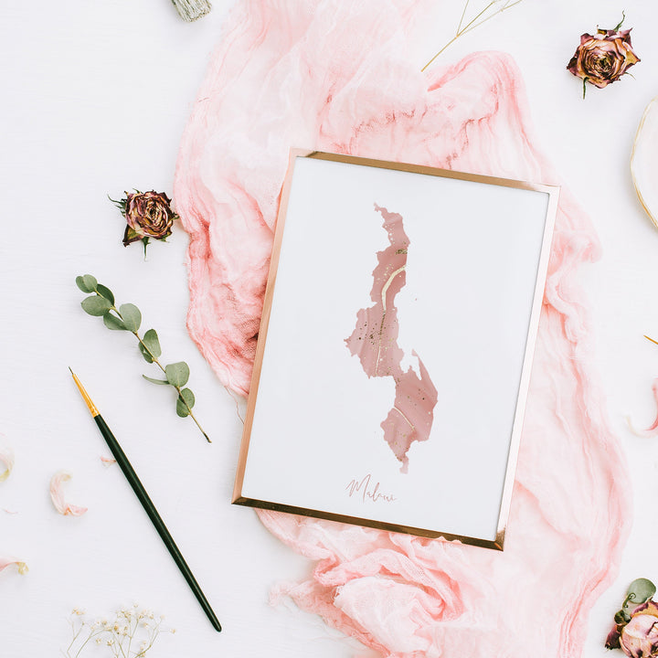 Malawi Map Pink and Gold Wall Art Print